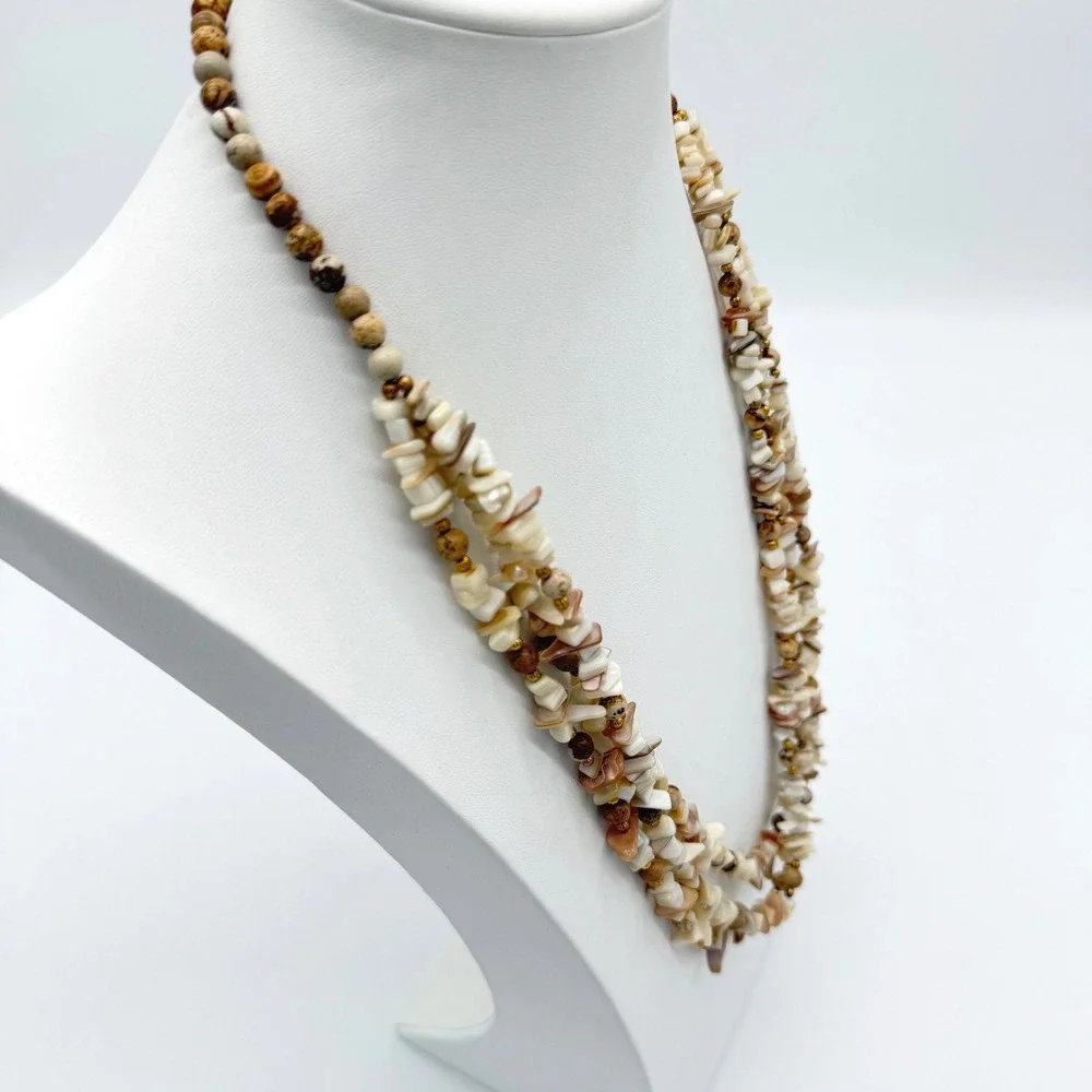 Vintage Multi Strand Shell Chip Necklace Natural Stone Beaded Beach Boho